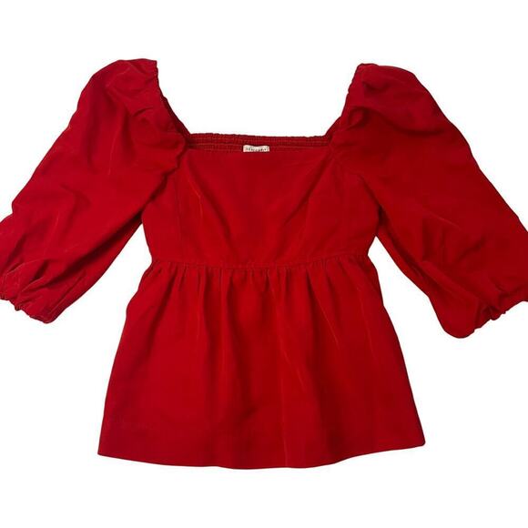 Free Assembly Red Top Square Neck Size Small Blouse Peasant Puff Sleeve - Picture 1 of 6
